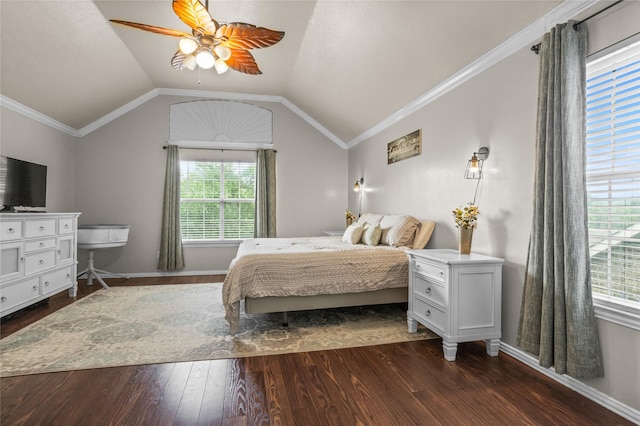 7705 Marble Canyon Ct, Fort Worth, TX 76137 - bedroom with multiple windows, dark wood finished floors, lofted ceiling, a ceiling fan, and baseboards