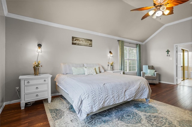 7705 Marble Canyon Ct, Fort Worth, TX 76137 - bedroom with vaulted ceiling, wood finished floors, ornamental molding, baseboards, and ceiling fan