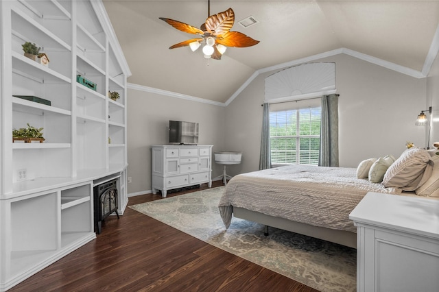 7705 Marble Canyon Ct, Fort Worth, TX 76137 - bedroom featuring lofted ceiling, dark wood-style floors, ornamental molding, ceiling fan, and baseboards