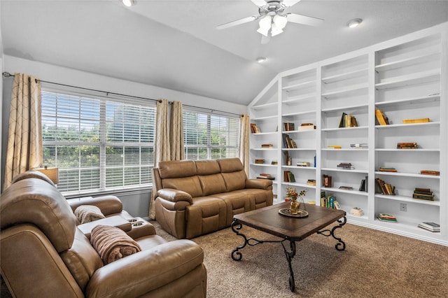 7705 Marble Canyon Ct, Fort Worth, TX 76137 - carpeted living area featuring a ceiling fan, lofted ceiling, and built in shelves