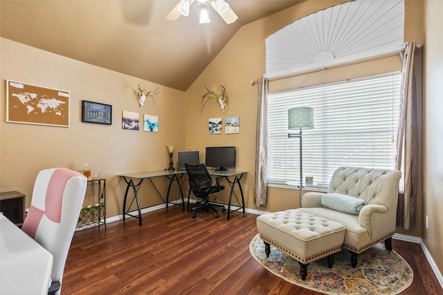 7705 Marble Canyon Ct, Fort Worth, TX 76137 - office space with wood finished floors, a ceiling fan, baseboards, and vaulted ceiling