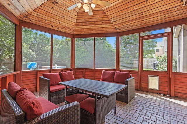7705 Marble Canyon Ct, Fort Worth, TX 76137 - sunroom / solarium featuring a ceiling fan, outdoor lounge area, vaulted ceiling, and plenty of natural light