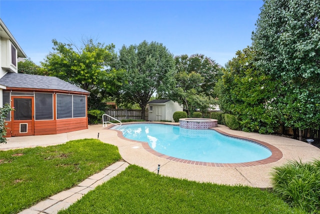 7705 Marble Canyon Ct, Fort Worth, TX 76137 - view of pool featuring a sunroom, a patio area, and a pool with connected hot tub
