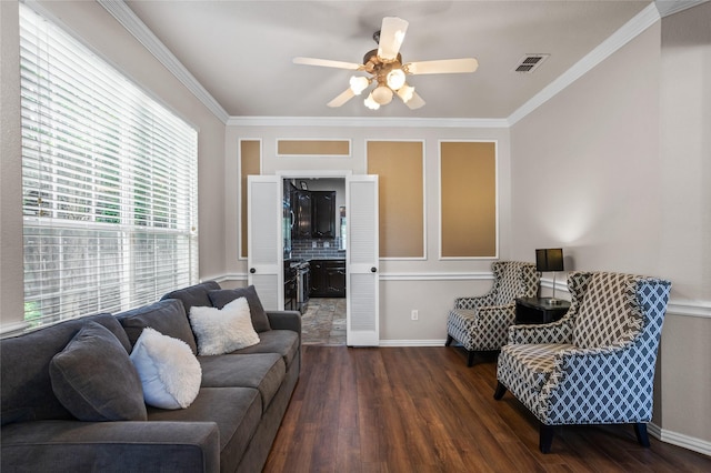 7705 Marble Canyon Ct, Fort Worth, TX 76137 - living area with a ceiling fan, wood finished floors, ornamental molding, and baseboards