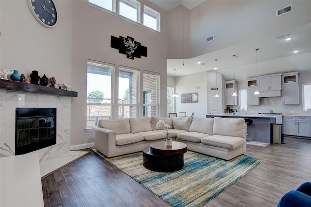 12990 Twelve Oaks Ave, Frisco, TX 75035 - living area featuring wood finished floors, a fireplace, and a high ceiling