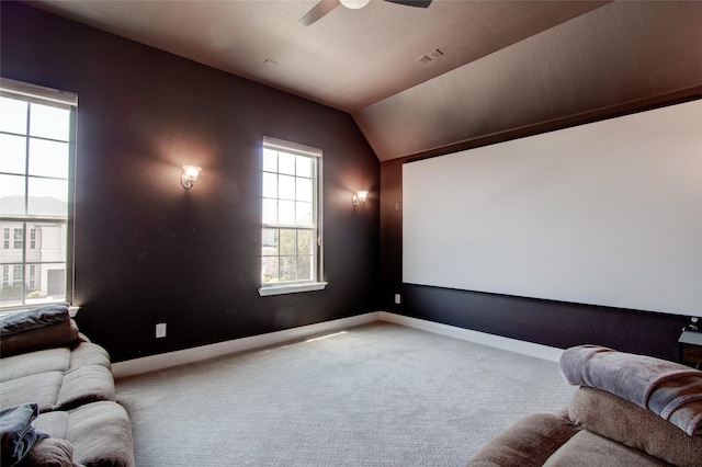 12990 Twelve Oaks Ave, Frisco, TX 75035 - carpeted cinema featuring a ceiling fan, lofted ceiling, and baseboards