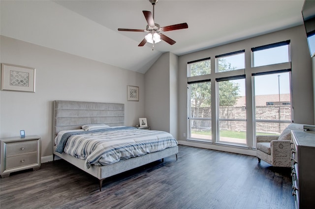 12990 Twelve Oaks Ave, Frisco, TX 75035 - bedroom featuring dark wood-type flooring, lofted ceiling, a ceiling fan, and baseboards