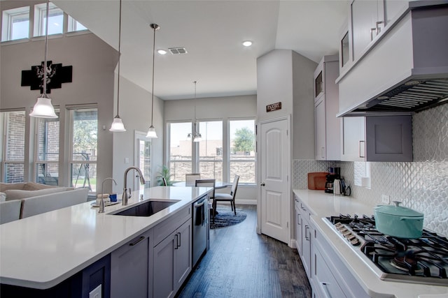 12990 Twelve Oaks Ave, Frisco, TX 75035 - kitchen featuring custom exhaust hood, stainless steel appliances, a sink, dark wood-style floors, and light countertops