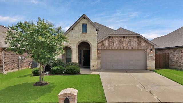 11913 Bellegrove Rd, Burleson, TX 76028 - french country inspired facade featuring an attached garage, stone siding, brick siding, concrete driveway, and a shingled roof