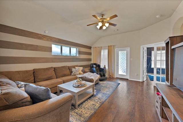 11913 Bellegrove Rd, Burleson, TX 76028 - living room featuring healthy amount of natural light, ceiling fan, dark wood-type flooring, lofted ceiling, and baseboards