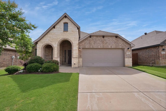 11913 Bellegrove Rd, Burleson, TX 76028 - french country inspired facade featuring an attached garage, brick siding, a front yard, and concrete driveway