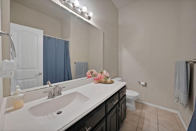 11913 Bellegrove Rd, Burleson, TX 76028 - bathroom with vanity, toilet, tile patterned flooring, baseboards, and curtained shower