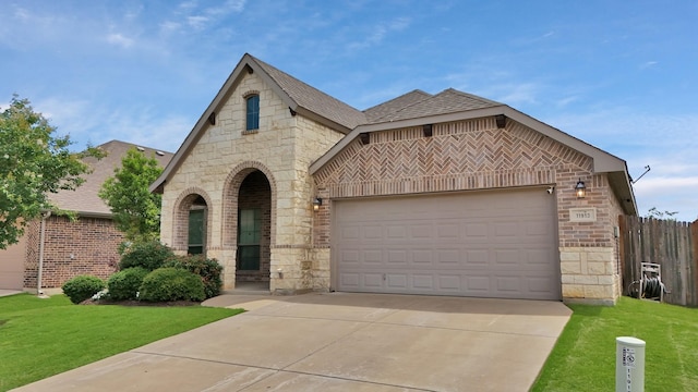 11913 Bellegrove Rd, Burleson, TX 76028 - view of front of property with stone siding, driveway, an attached garage, and a shingled roof