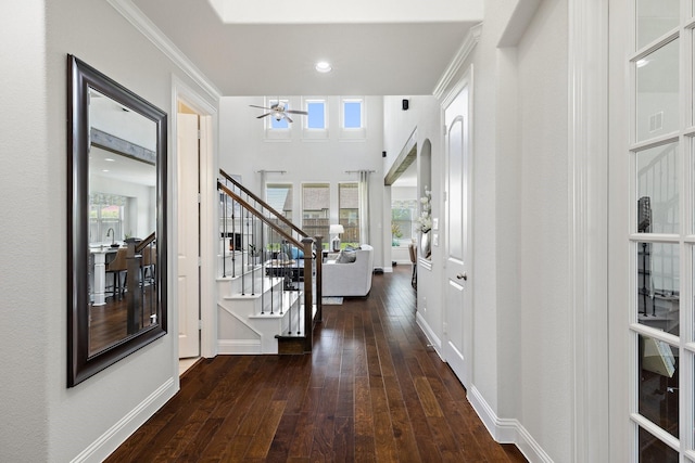 2851 Clearwater Dr, Prosper, TX 75078 - foyer entrance featuring wood-type flooring, stairway, ceiling fan, healthy amount of natural light, and ornamental molding