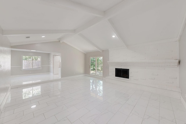 1723 Overbrook Dr, Arlington, TX 76014 - unfurnished living room featuring a large fireplace, marble look tiles, recessed lighting, and baseboards