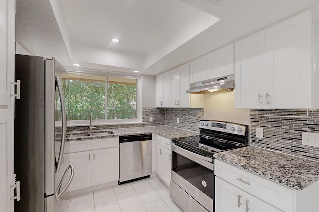 1723 Overbrook Dr, Arlington, TX 76014 - kitchen featuring stainless steel appliances, under cabinet range hood, a sink, light stone counters, and recessed lighting
