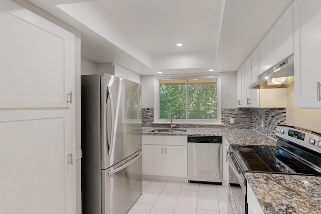 1723 Overbrook Dr, Arlington, TX 76014 - kitchen featuring appliances with stainless steel finishes, under cabinet range hood, a sink, light stone countertops, and white cabinets