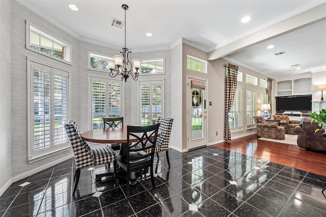 146 Shady Trl, Waco, TX 76657 - dining area featuring baseboards, healthy amount of natural light, granite tiled floors, a chandelier, and ornamental molding
