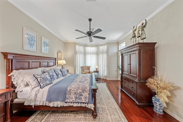 146 Shady Trl, Waco, TX 76657 - bedroom with dark wood-style flooring, baseboards, ornamental molding, and ceiling fan