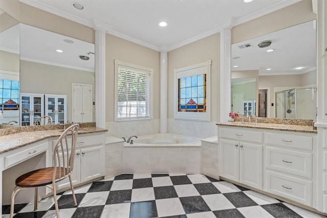 146 Shady Trl, Waco, TX 76657 - full bath featuring two vanities, a bath, a shower stall, recessed lighting, and ornamental molding