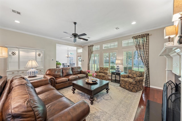 146 Shady Trl, Waco, TX 76657 - living room featuring ceiling fan, wood finished floors, ornamental molding, recessed lighting, and baseboards