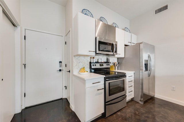 3025 Bryan St Unit 1F, Dallas, TX 75204 - kitchen with stainless steel appliances, finished concrete flooring, light countertops, tasteful backsplash, and white cabinets