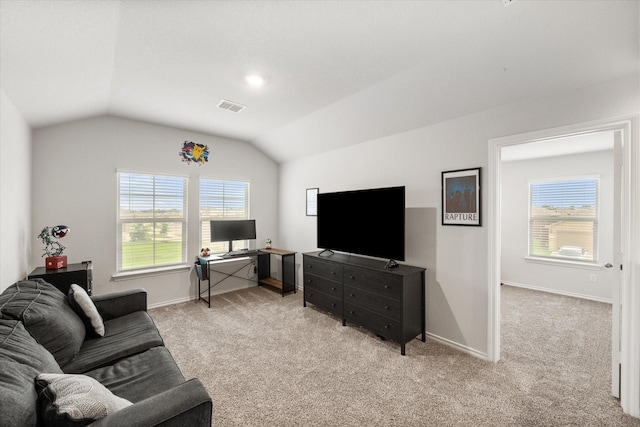 105 Greengate Dr, Boyd, TX 76023 - living room with light colored carpet, vaulted ceiling, and an office area