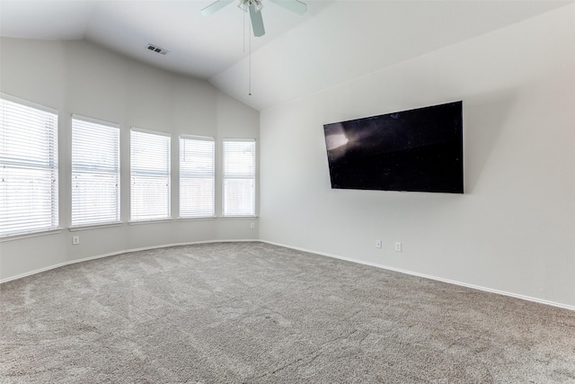 13274 Bayfield Dr, Frisco, TX 75033 - unfurnished living room with vaulted ceiling, carpet floors, healthy amount of natural light, and ceiling fan