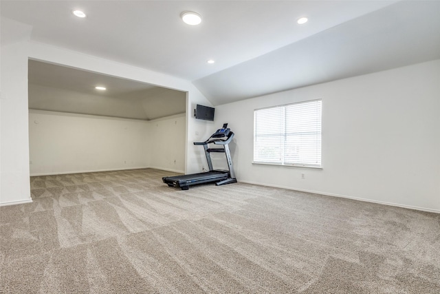13274 Bayfield Dr, Frisco, TX 75033 - exercise room featuring carpet floors, vaulted ceiling, baseboards, and recessed lighting