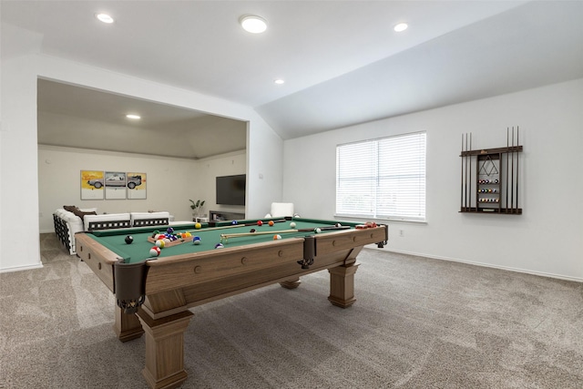 13274 Bayfield Dr, Frisco, TX 75033 - rec room with carpet flooring, billiards table, vaulted ceiling, recessed lighting, and baseboards