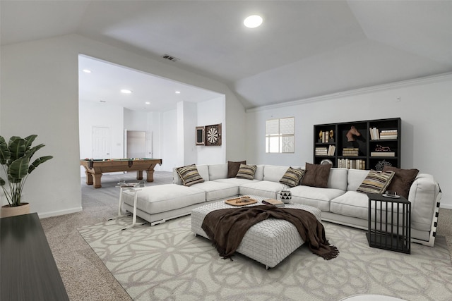 13274 Bayfield Dr, Frisco, TX 75033 - carpeted living area with vaulted ceiling, billiards, recessed lighting, and baseboards