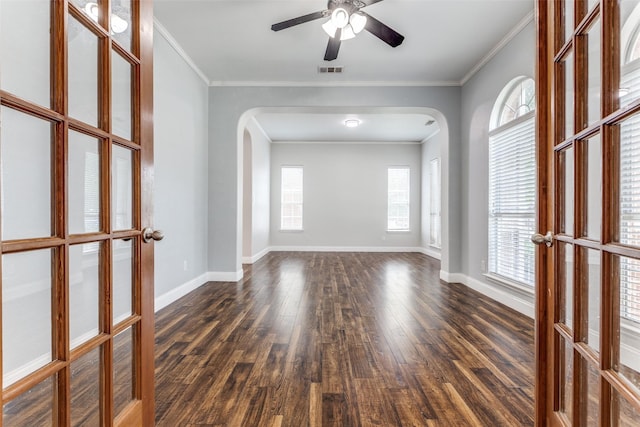 13274 Bayfield Dr, Frisco, TX 75033 - unfurnished room featuring arched walkways, dark wood finished floors, french doors, ceiling fan, and baseboards