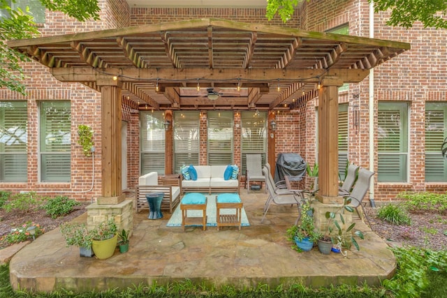 15630 Stonebridge Dr, Frisco, TX 75035 - view of patio / terrace with an outdoor hangout area, a pergola, and a ceiling fan