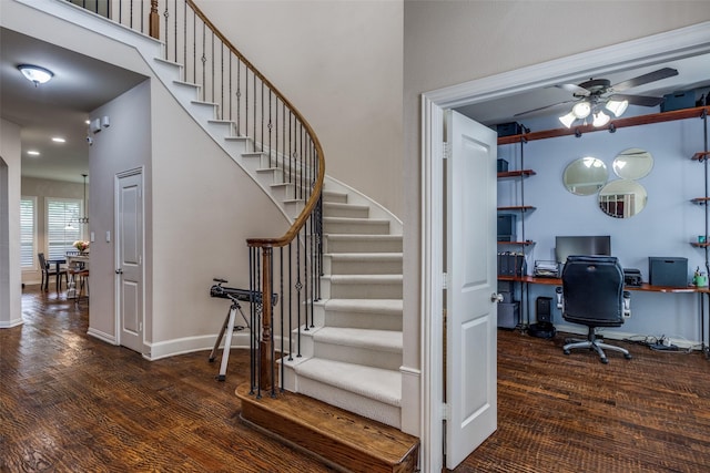 15630 Stonebridge Dr, Frisco, TX 75035 - stairs featuring ceiling fan, wood finished floors, and baseboards