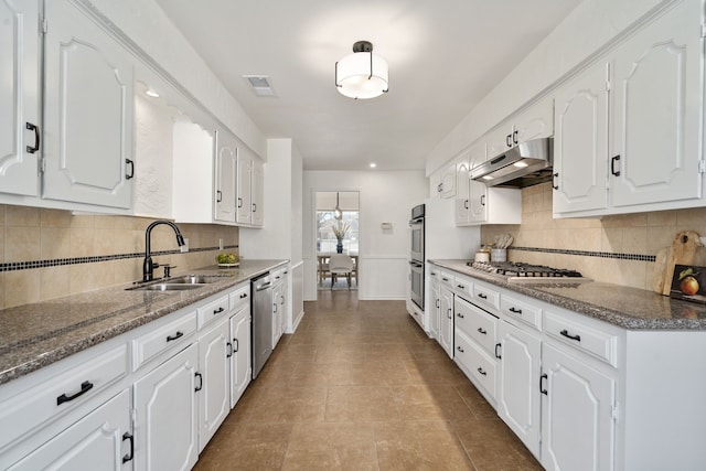 2005 Westshore Dr, Garland, TX 75043 - kitchen with under cabinet range hood, a sink, stainless steel appliances, white cabinets, and tasteful backsplash