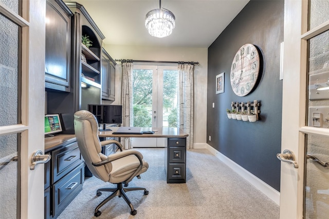 2758 Sharlis Dr, Frisco, TX 75036 - office with light colored carpet, a chandelier, baseboards, and french doors