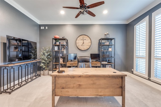 2758 Sharlis Dr, Frisco, TX 75036 - carpeted office space with a ceiling fan, crown molding, healthy amount of natural light, and recessed lighting
