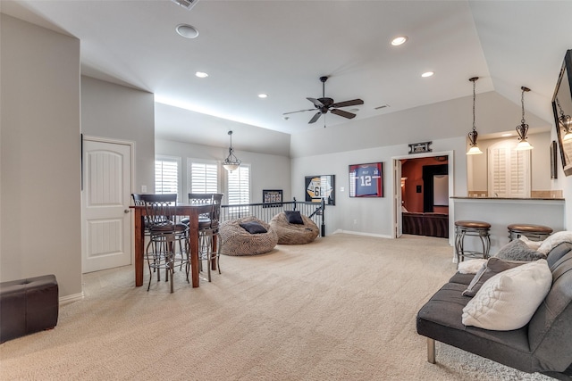 2758 Sharlis Dr, Frisco, TX 75036 - living room featuring carpet floors, vaulted ceiling, baseboards, recessed lighting, and ceiling fan