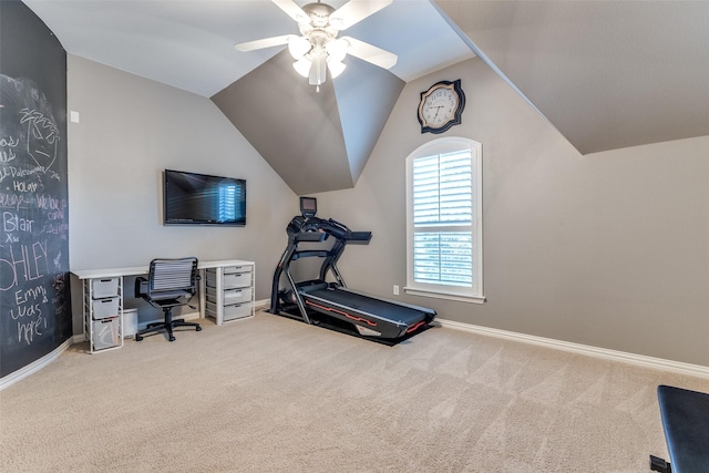 2758 Sharlis Dr, Frisco, TX 75036 - exercise room featuring carpet, a ceiling fan, vaulted ceiling, and baseboards