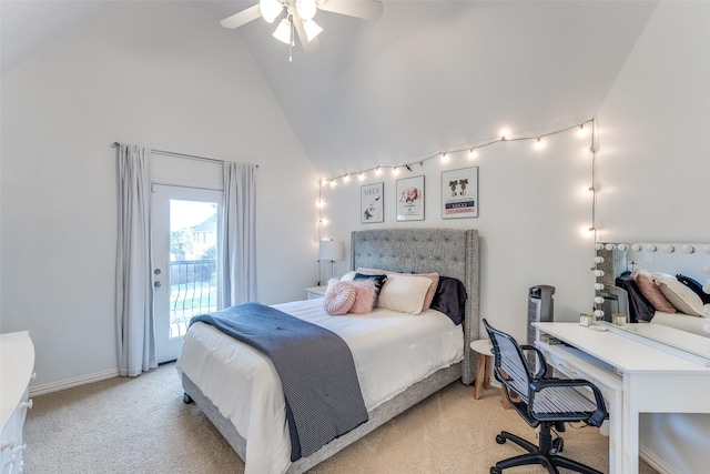2758 Sharlis Dr, Frisco, TX 75036 - bedroom featuring access to outside, light colored carpet, track lighting, high vaulted ceiling, and a ceiling fan