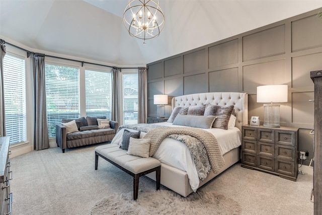 2758 Sharlis Dr, Frisco, TX 75036 - bedroom featuring a decorative wall, light carpet, a chandelier, and high vaulted ceiling