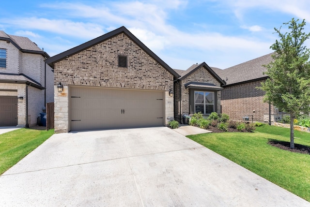 6313 Hedgecoxe Rd, The Colony, TX 75056 - french country home featuring brick siding, driveway, an attached garage, and a front lawn