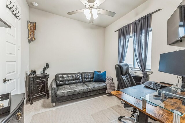 6313 Hedgecoxe Rd, The Colony, TX 75056 - home office featuring ceiling fan and light carpet