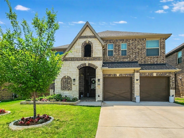 1405 Thunder Dove Dr, Mansfield, TX 76084 - french country home featuring stone siding, an attached garage, concrete driveway, a front lawn, and a shingled roof