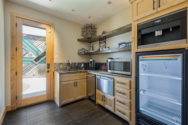 14250 Chaparral Ln, Roanoke, TX 76262 - kitchen featuring beverage cooler, appliances with stainless steel finishes, a sink, open shelves, and recessed lighting
