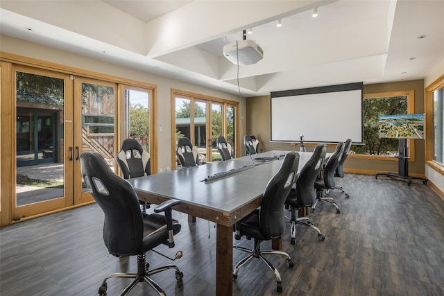 14250 Chaparral Ln, Roanoke, TX 76262 - office area featuring a raised ceiling, wood finished floors, and baseboards