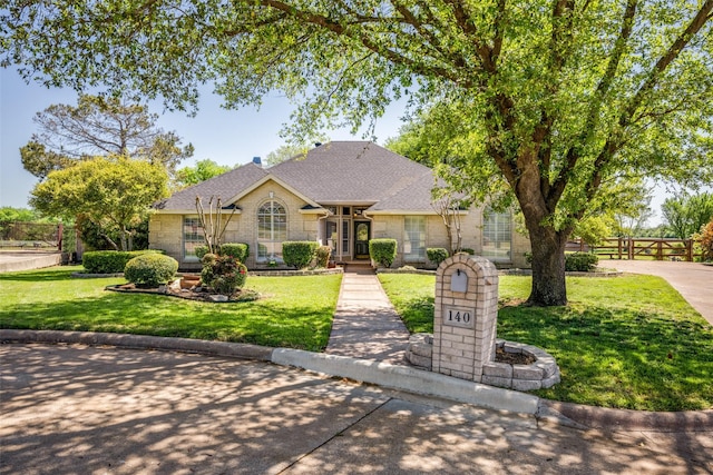 140 Daisey Ln, Justin, TX 76247 - french country inspired facade with stone siding, roof with shingles, and french doors