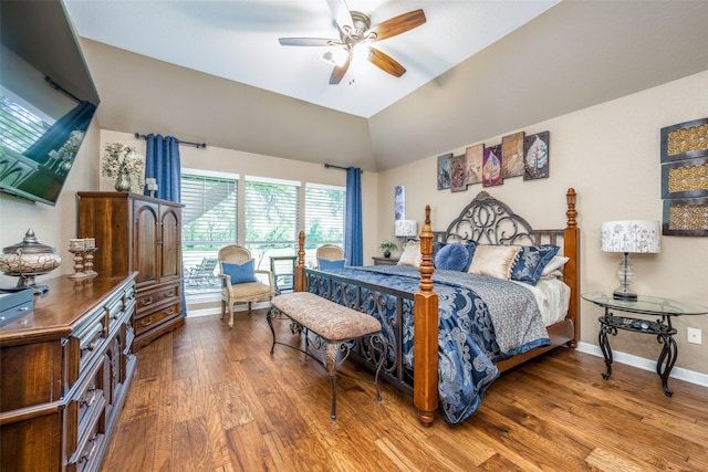 140 Daisey Ln, Justin, TX 76247 - bedroom featuring wood finished floors, baseboards, lofted ceiling, and ceiling fan