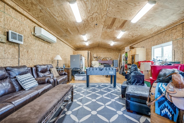 140 Daisey Ln, Justin, TX 76247 - carpeted living room featuring a wall unit AC and lofted ceiling