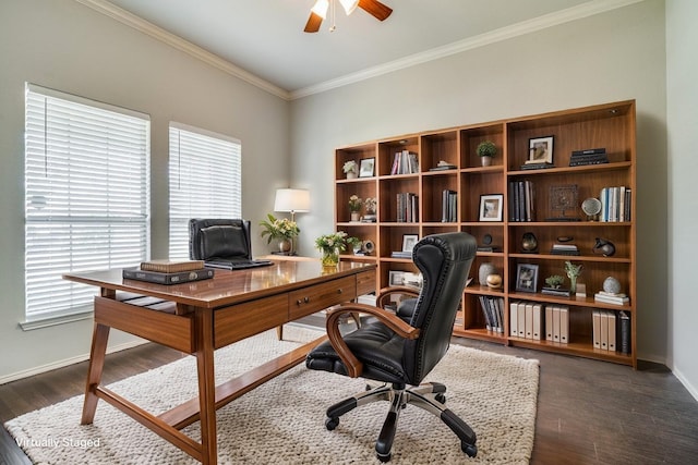 1016 Ingram Dr, Forney, TX 75126 - office with crown molding, ceiling fan, baseboards, and wood finished floors